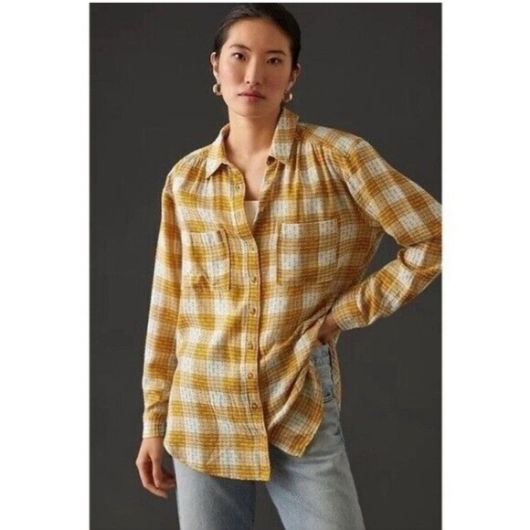 Pilcro Yellow and Blue Boxy Button Down Shirt - Picture 1 of 11